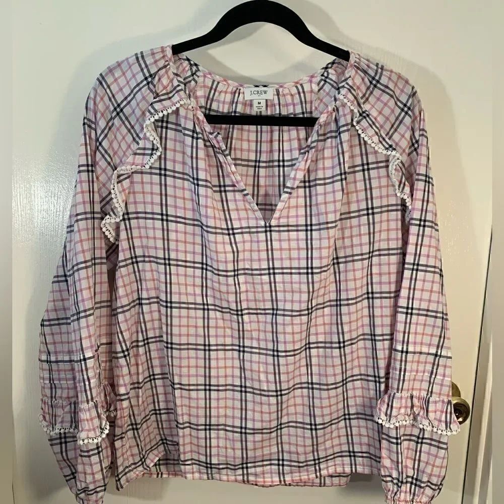 J. Crew EUC white/black/purple plaid ruffled balloon sleeve blouse Size Medium